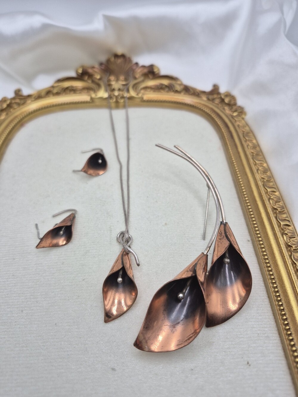 Stuart Nye Copper Calla Lily Brooch / Pin, Earrings, & Sterling Necklace Set